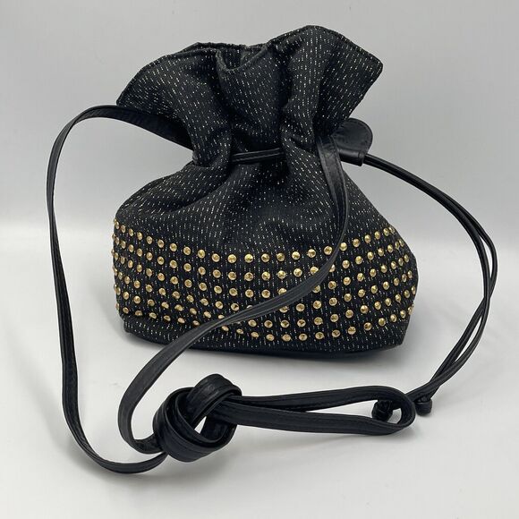 DAWLI Gold Metallic Studded Black Leather & Fabric Crossbody Bucket Purse Bag - Picture 2 of 9